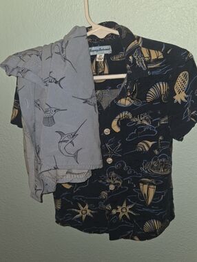 2 Tommy Bahama Navy Button-Down Shirt Tan Nautical Print, Light Blue Sail Fish